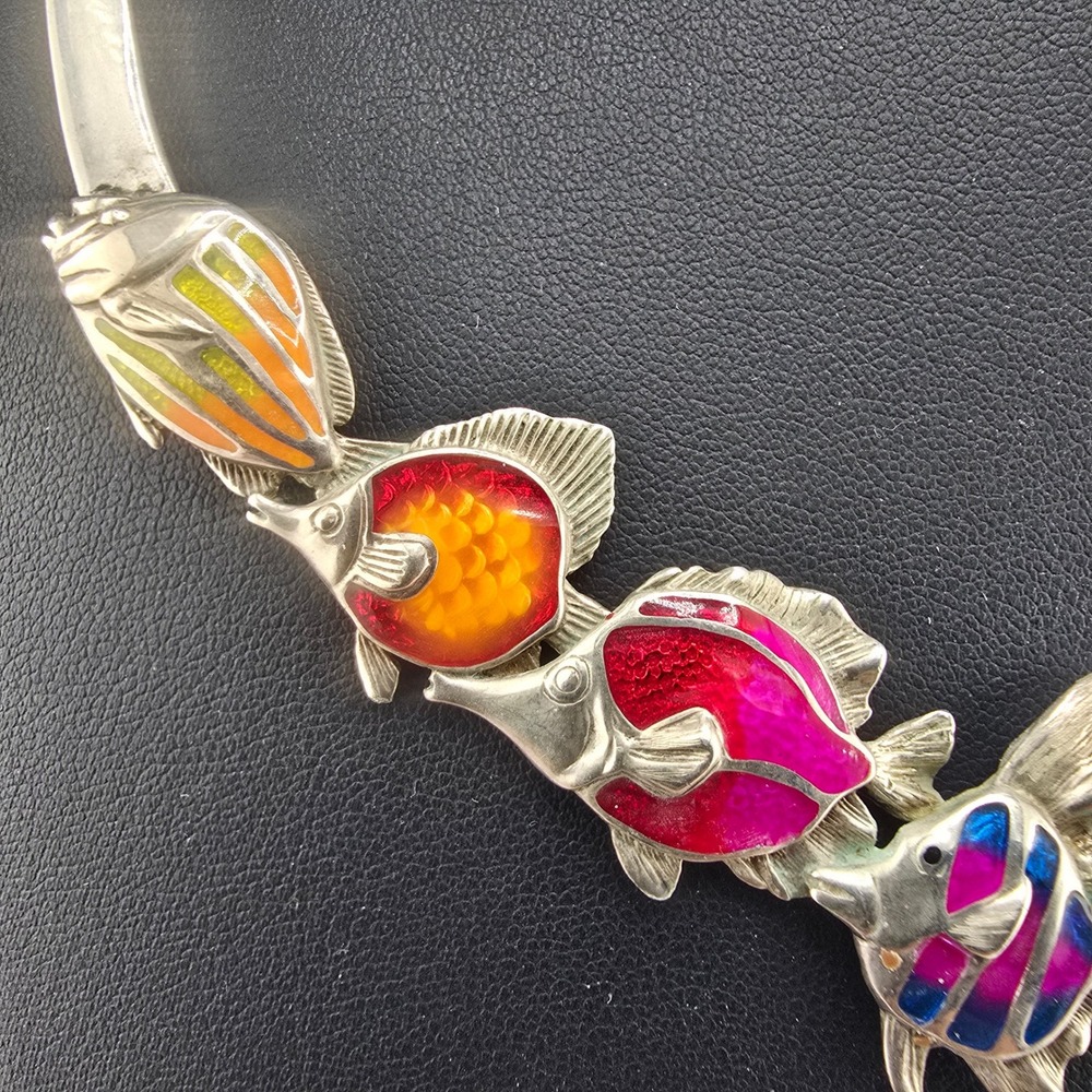 Vintage Kabana Sterling Silver Fish Necklace Enamel Tropical Nautical 16in